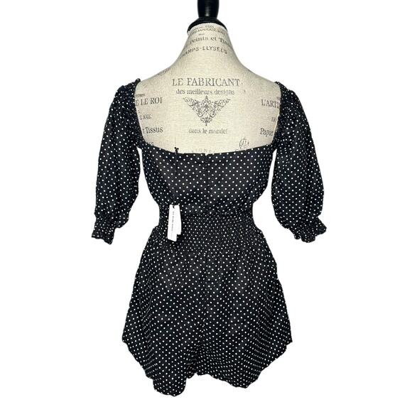 WeWoreWhat | Women | 100% Linen Black Polka Dot Smocked Short Romper | Large - Picture 4 of 16